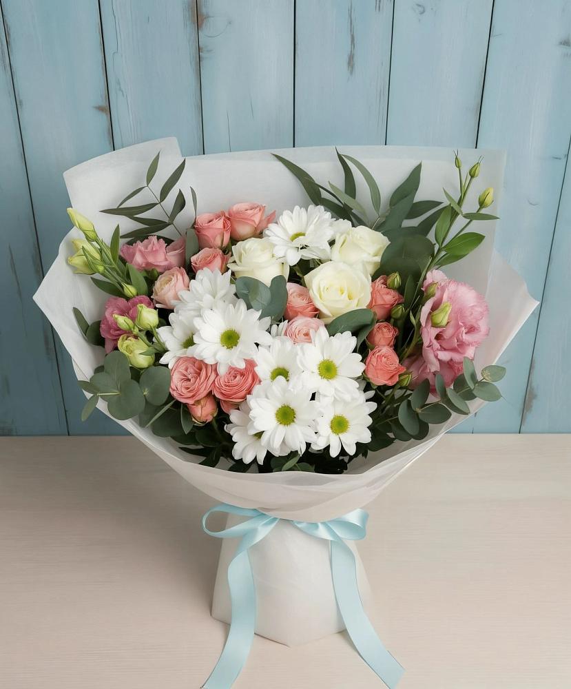 Букет цветов из: Розы, Лизиантусы и Хризантемы в Нижней Салде