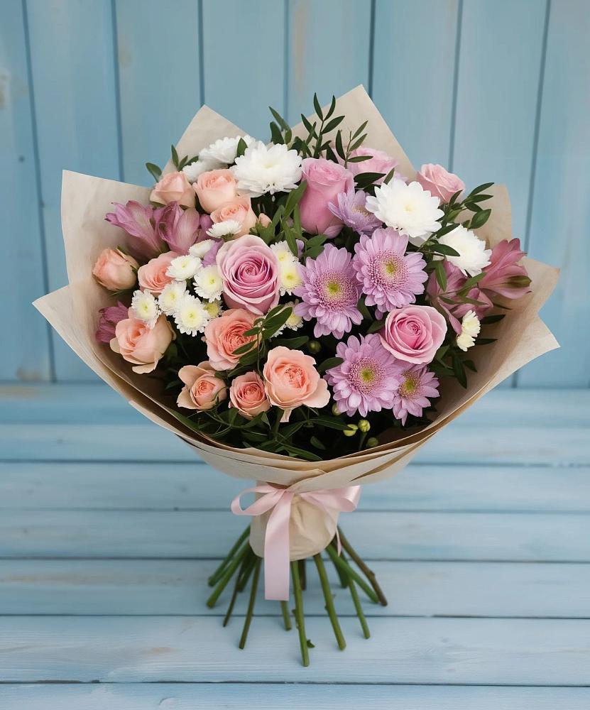 Букет цветов из: Хризантемы, Розы и Альстромерии в Нижней Салде