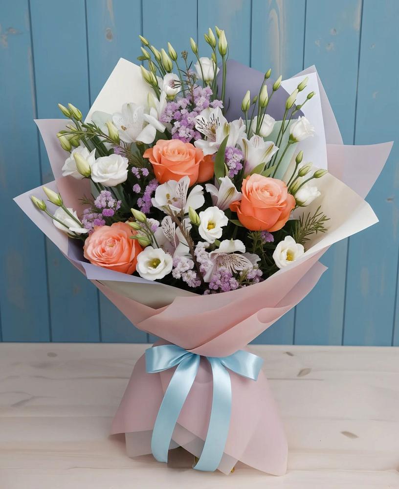 Букет цветов из: Лизиантусы, Розы, Альстромерии и Гипсофила в Нижней Салде
