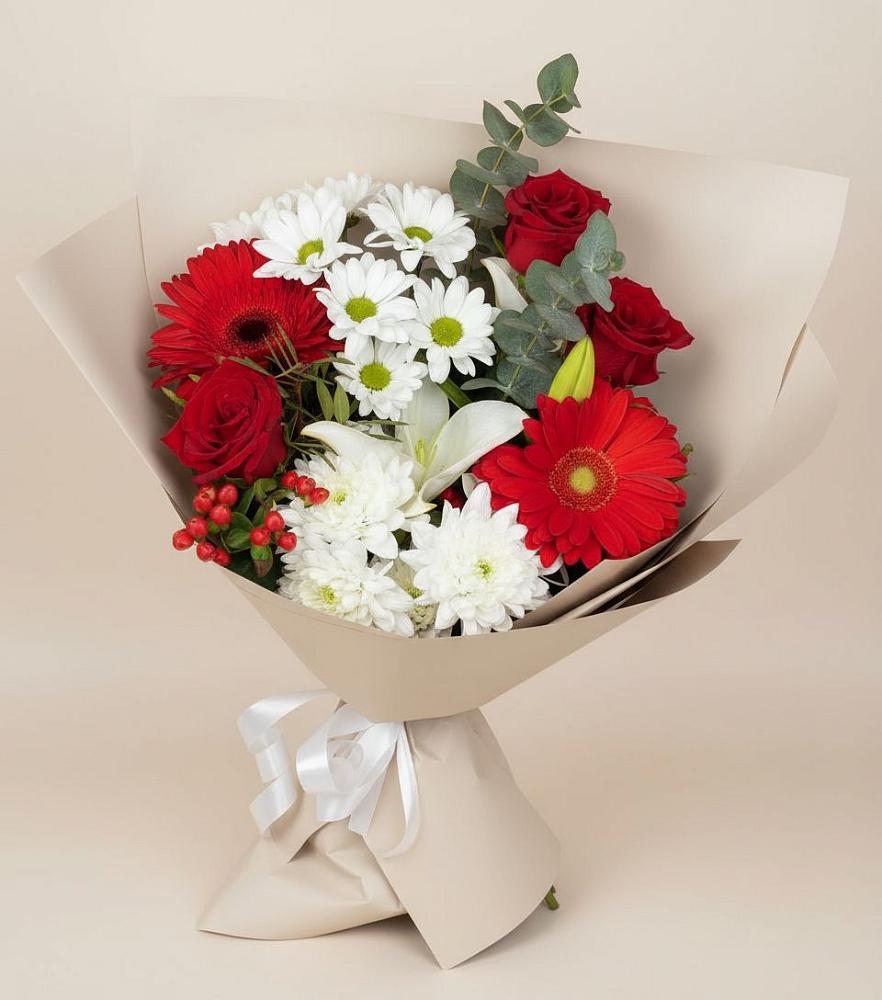 Букет цветов из: Розы, Хризантемы, Герберы и Лилии в Нижней Салде