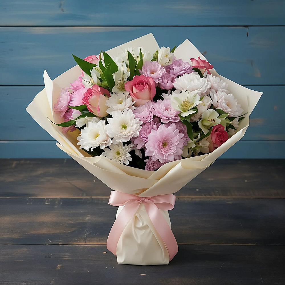 Букет цветов из: Хризантемы, Альстромерии и Розы в Нижней Салде